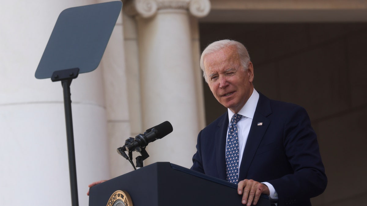U.S. President Joe Biden delivers remarks at the National Veterans Day Observance at Arlington National Cemetery in Arlington, Virginia, U.S., November 11, 2021. REUTERS/Leah Millis