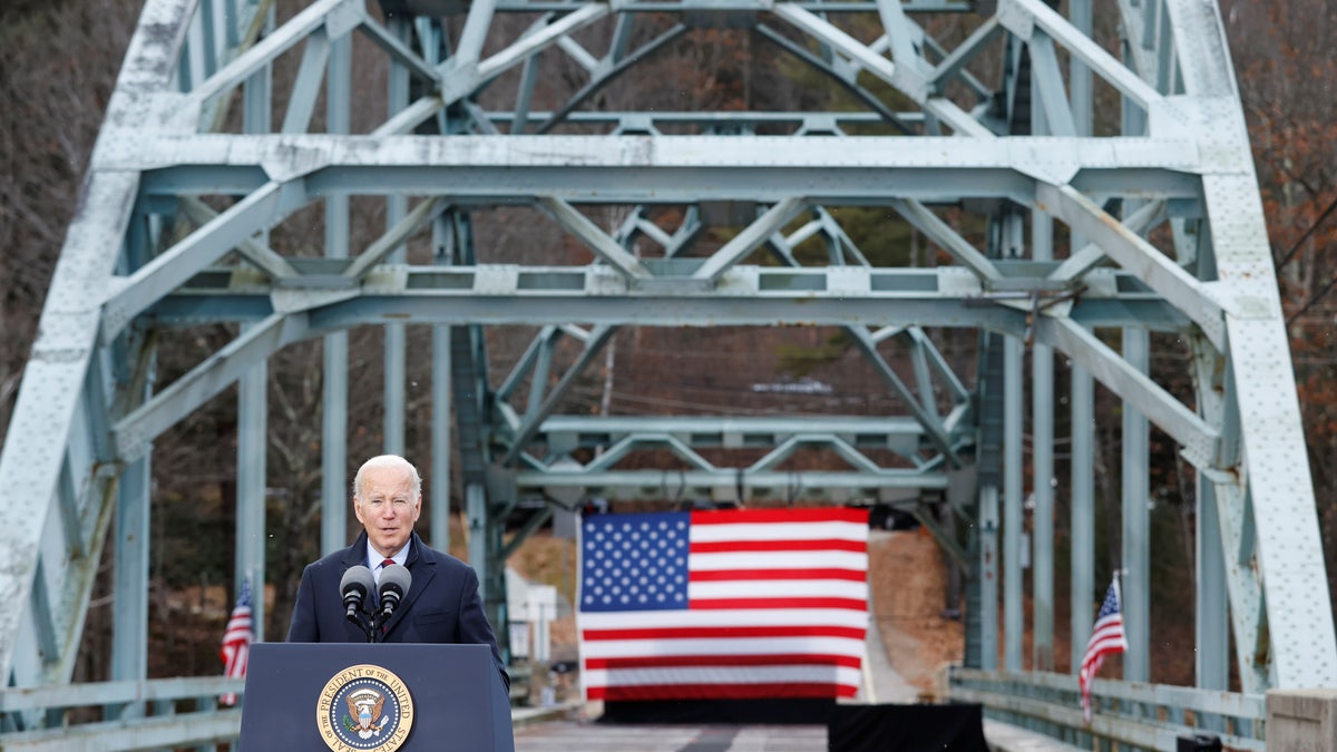 President Joe Biden talks about infrastructure from the NH 175 bridge in Woodstock, New Hampshire, on Nov. 16, 2021. (REUTERS/Jonathan Ernst)