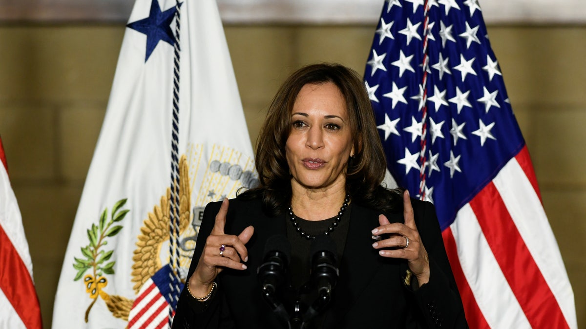 Vice President Kamala Harris speaks to Plumbers and Pipefitters Local 189 during a trip to promote the infrastructure plan in Columbus, Ohio, on Nov. 19, 2021. 