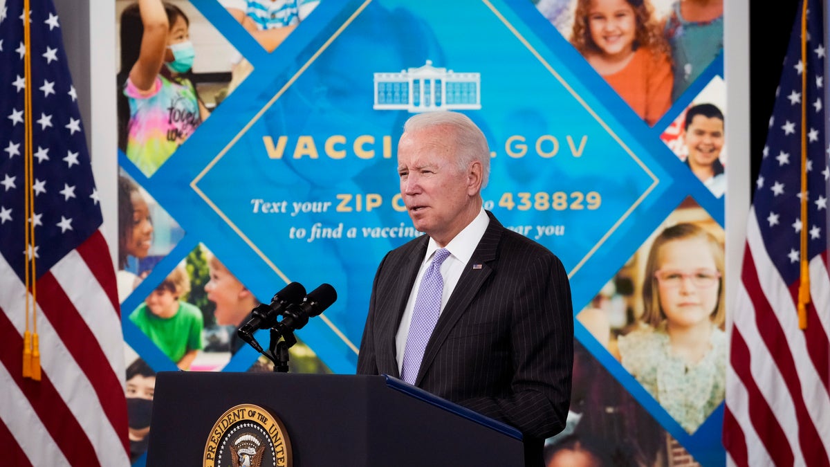President Joe Biden speaks about the authorization of the Covid-19 vaccine for children ages 5-11, in the South Court Auditorium on the White House campus on Nov. 3, 2021 in Washington, D.C. (Photo by Drew Angerer/Getty Images)