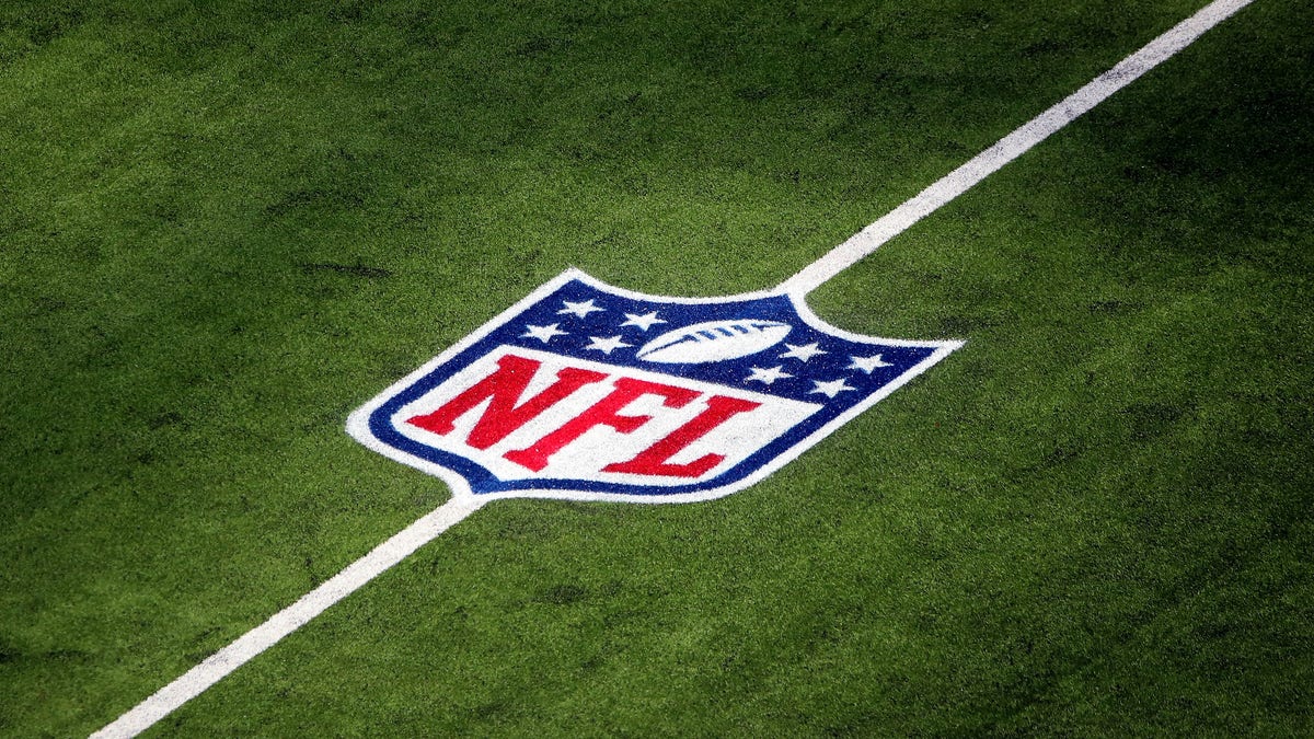 A general view of the NFL logo on the field is seen before the game between the Arizona Cardinals and the Los Angeles Rams at SoFi Stadium on Oct. 3, 2021 in Inglewood, California.