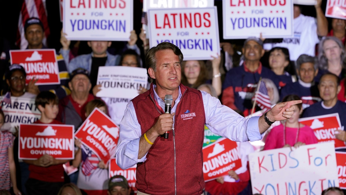 Republican gubernatorial candidate Glenn Youngkin gestures during a rally in Glen Allen, Va., Saturday, Oct. 23, 2021. Youngkin will face Democrat Terry McAuliffe in the November election. (AP Photo/Steve Helber)