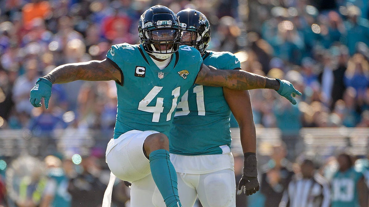 Jacksonville Jaguars linebacker Josh Allen (41) celebrates after sacking Buffalo Bills quarterback Josh Allen during the first half Sunday, Nov. 7, 2021, in Jacksonville, Fla.