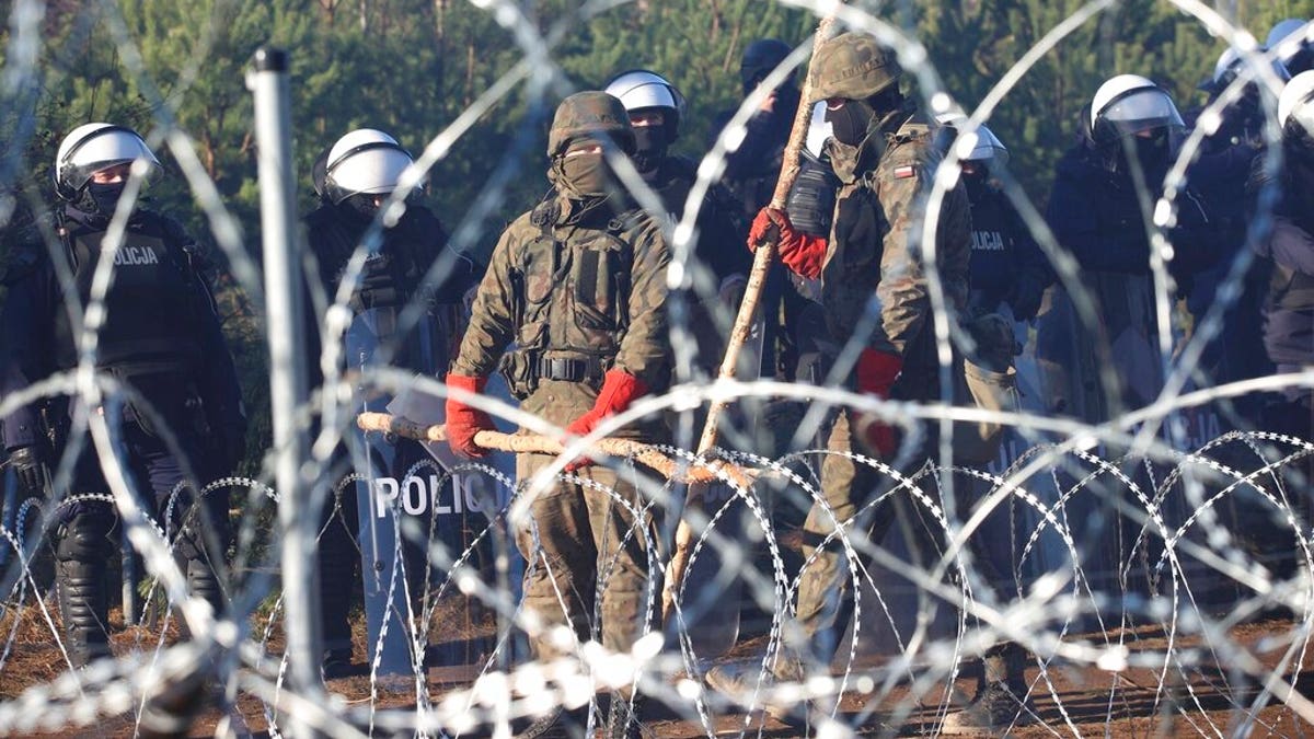 Polish police and border guards stand near the barbed wire as migrants from the Middle East and elsewhere gather at the Belarus-Poland border near Grodno Grodno, Belarus, Tuesday, Nov. 9, 2021. (Leonid Shcheglov/BelTA via AP, File)