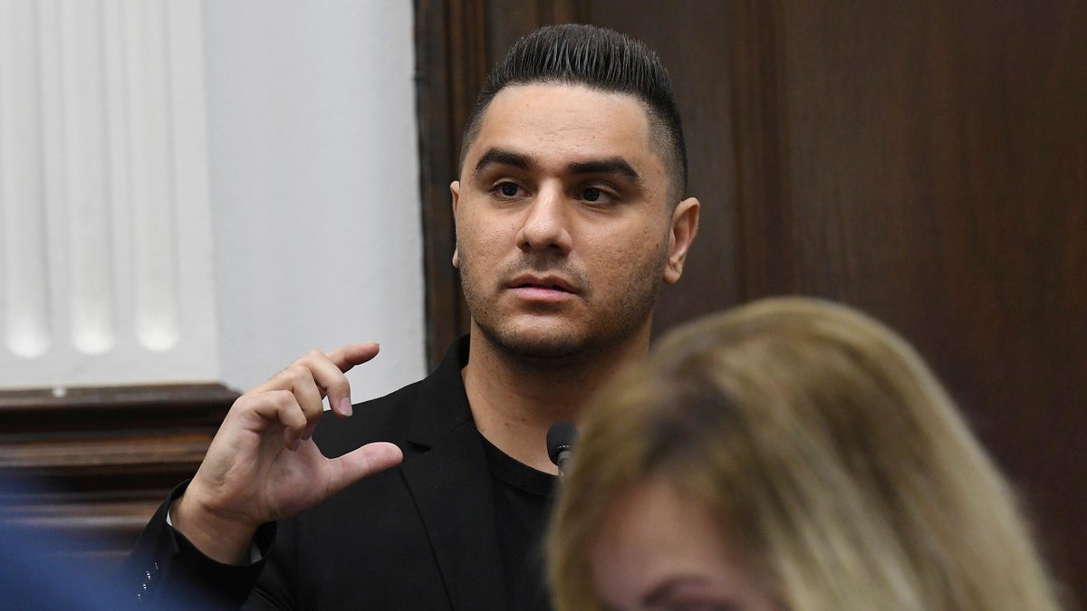 Frank Hernandez testifies during Kyle Rittenhouse's trial about the video he took on the night of Aug. 25, 2020, at the Kenosha County Courthouse in Kenosha, Wis., on Thursday, Nov. 11, 2021. Rittenhouse is accused of killing two people and wounding a third during a protest over police brutality in Kenosha, last year. (Mark Hertzberg/Pool Photo via AP)