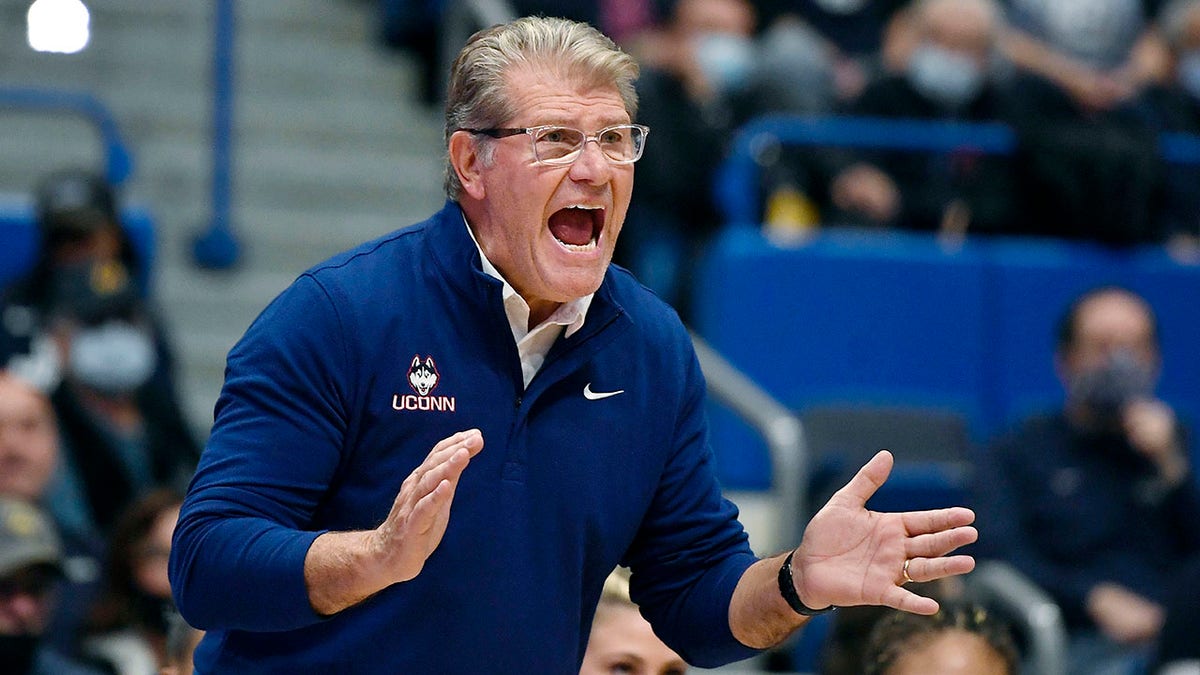 Connecticut head coach Geno Auriemma reacts in the first half of an NCAA college basketball game against Arkansas, Sunday, Nov. 14, 2021, in Hartford, Conn.