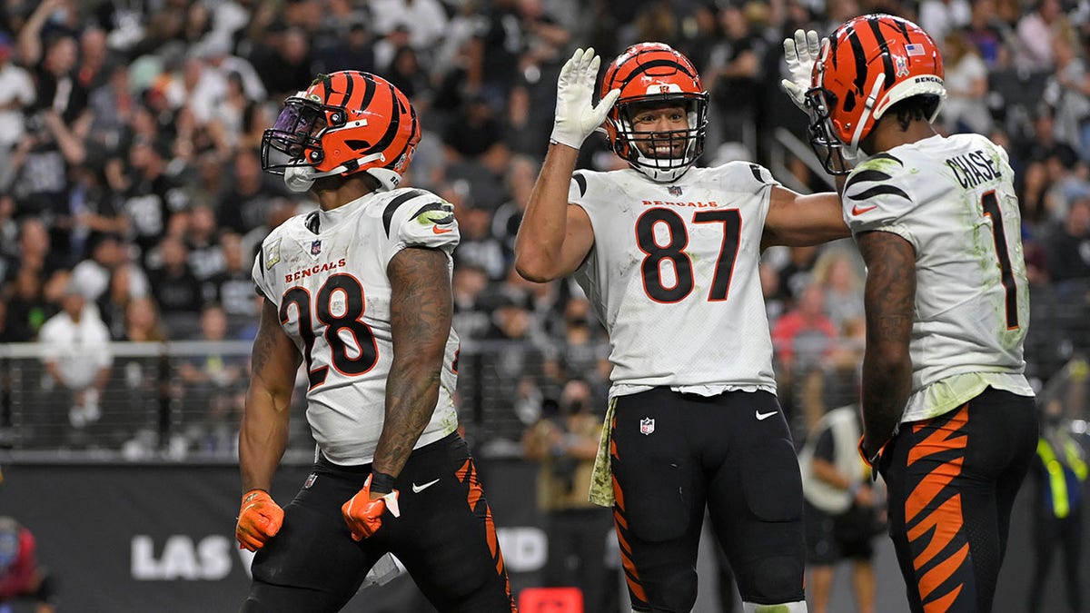 Cincinnati Bengals wide receiver Ja'Marr Chase (1) and tight end C.J. Uzomah (87) celebrate after running back Joe Mixon (28) scored a touchdown against the Las Vegas Raiders during the second half of an NFL football game, Sunday, Nov. 21, 2021, in Las Vegas.