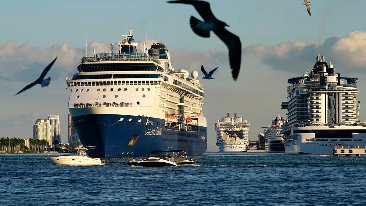 The Celebrity Summit cruise ship prepares to depart from PortMiami, Saturday, Nov. 27, 2021, in Miami. Cooped-up tourists eager for a taste of Florida's sandy beaches, swaying palm trees and warmer climates are visiting the Sunshine State in droves, topping pre-pandemic levels in recent months. 