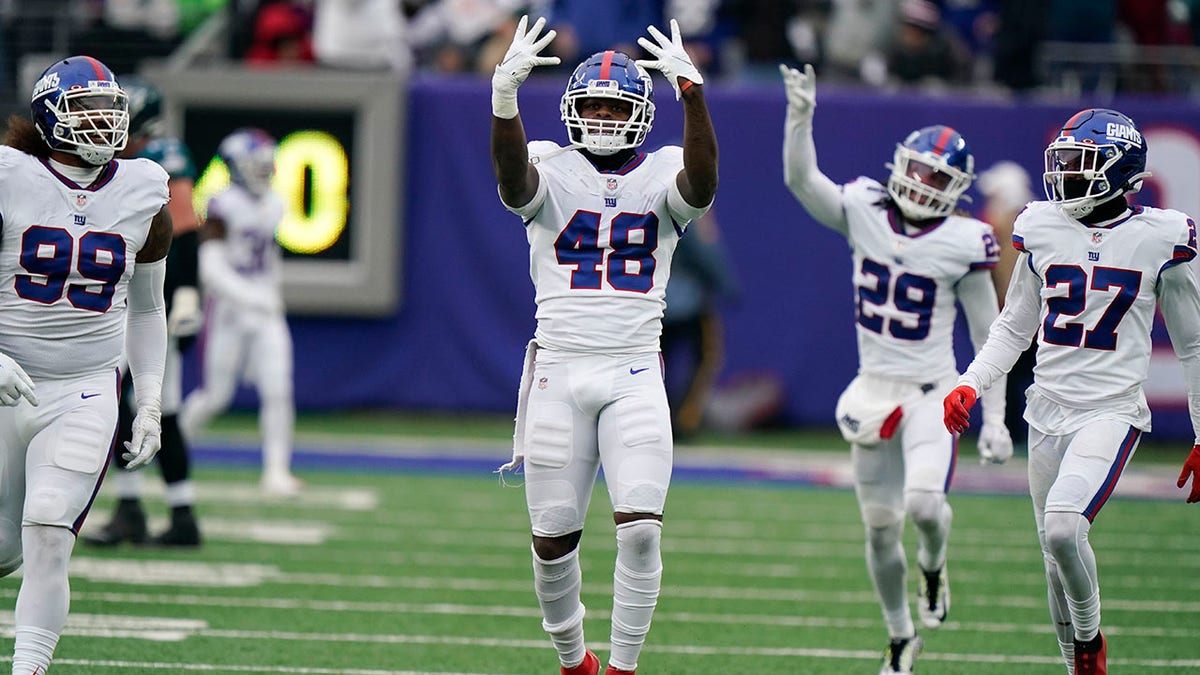 New York Giants' Tae Crowder celebrates his interception against the Philadelphia Eagles, Sunday, Nov. 28, 2021, in East Rutherford, New Jeresey.