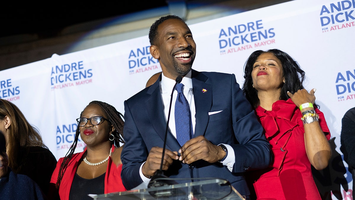 Atlanta mayoral runoff candidate Andre Dickens gives his victory speech Tuesday, Nov. 30, 2021, in Atlanta. Dickens, a city council member, won the runoff, riding a surge of support that powered him past the council’s current president, Felicia Moore, after finishing second to her in November. 