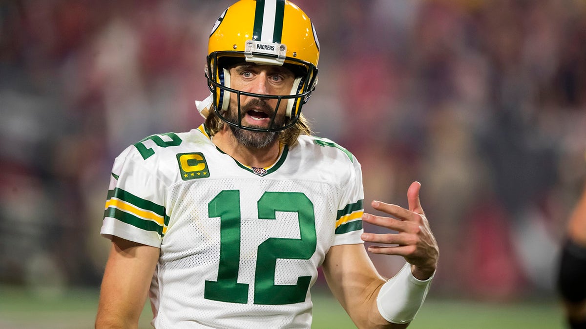 Green Bay Packers quarterback Aaron Rodgers reacts against the Arizona Cardinals Oct. 28, 2021, at State Farm Stadium in Glendale, Arizona.