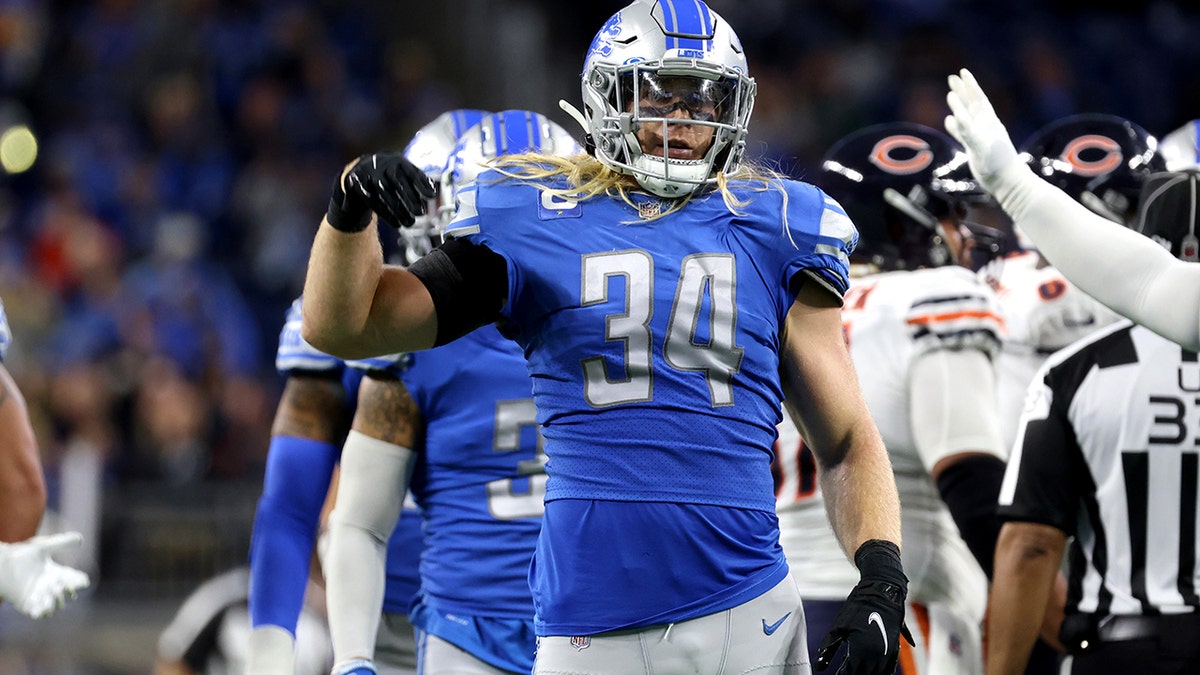 Alex Anzalone of the Detroit Lions reacts against the Chicago Bears at Ford Field on Nov. 25, 2021, in Detroit, Michigan.