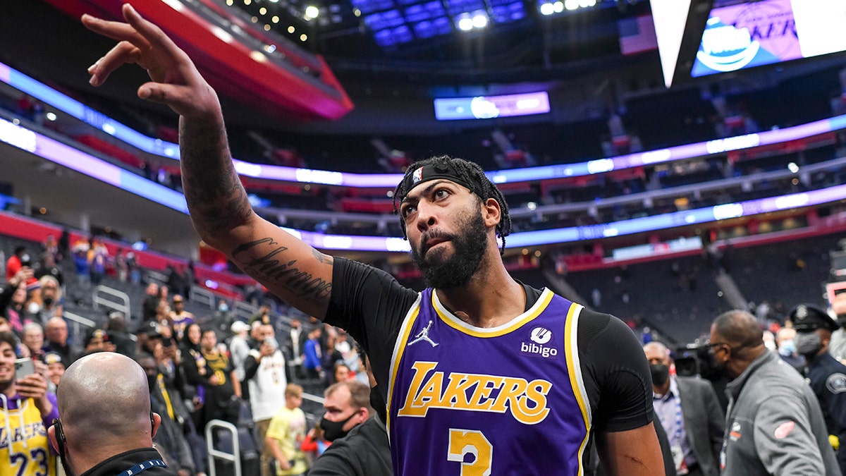 Anthony Davis of the Los Angeles Lakers leaves the court after the game against the Detroit Pistons at Little Caesars Arena on Nov. 21, 2021, in Detroit, Michigan.