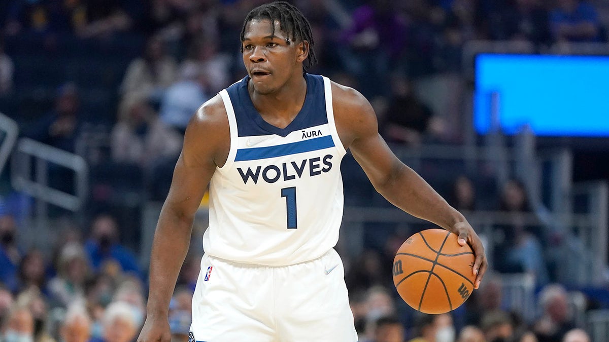 Minnesota Timberwolves forward Anthony Edwards (1) dribbles up the court against the Golden State Warriors during the first half of an NBA basketball game in San Francisco, Wednesday, Nov. 10, 2021. 