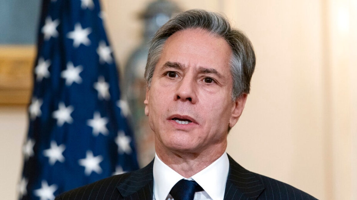 Secretary of State Antony Blinken speaks during a photo opportunity with Romanian Foreign Minister Bogdan Aurescu at the State Department, Monday, Nov. 8, 2021, in Washington.