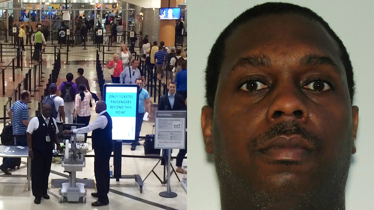 The security checkpoint is seen at Hartsfield-Jackson Atlanta International Airport, left. Suspect Kenny Wells faces several charges after a Nov. 20 gunfire incident, authorities say.