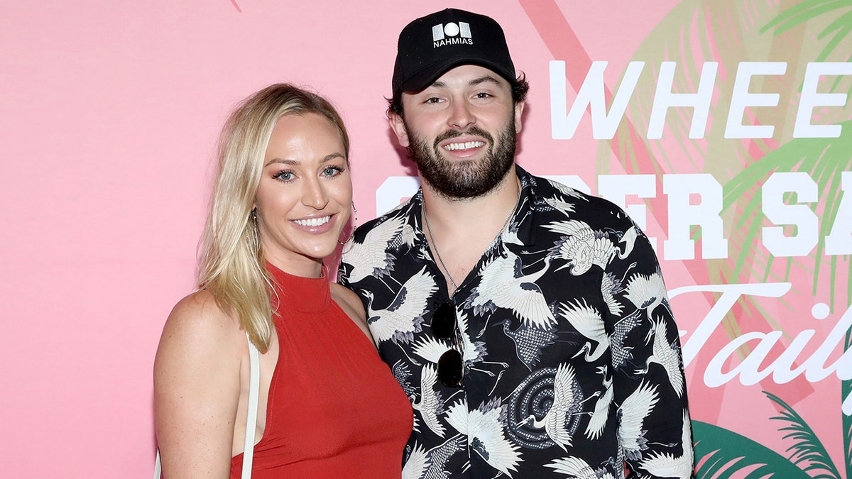 Emily Wilkinson and Baker Mayfield at Wheels Up members-only Super Saturday Tailgate event on Feb. 1, 2020, in Wynwood, Miami. 