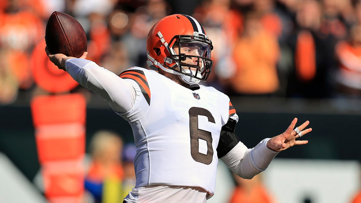 Cleveland Browns quarterback Baker Mayfield throws against the Bengals on Sunday, Nov. 7, 2021, in Cincinnati.
