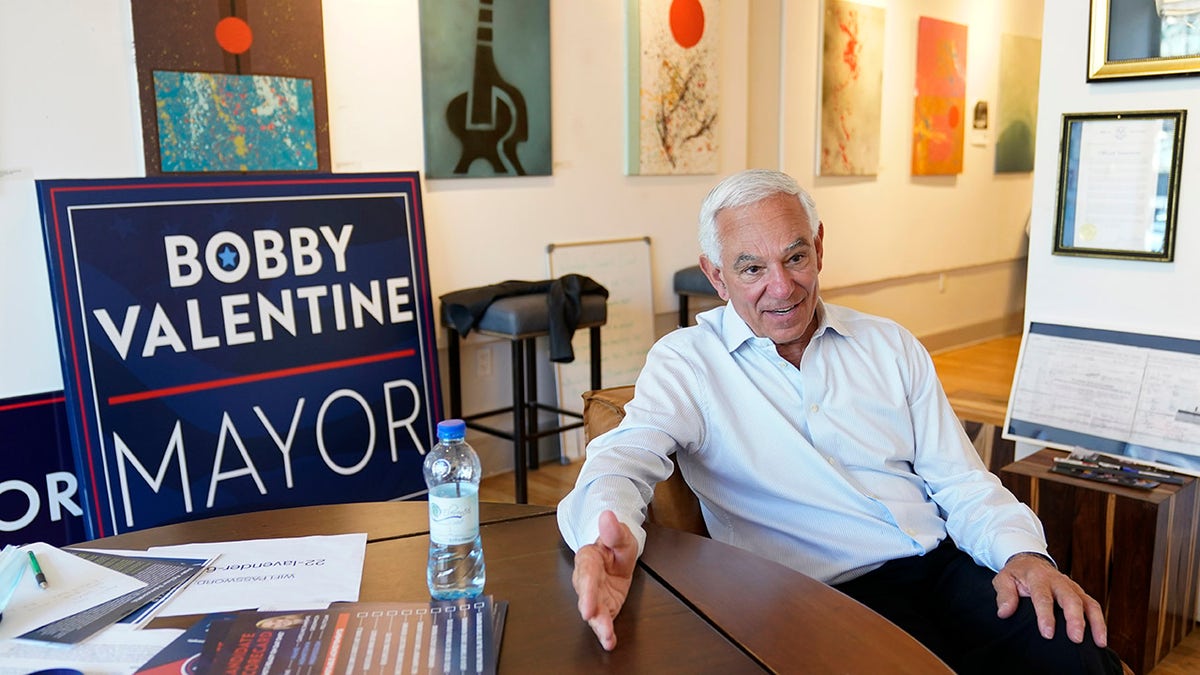 Former New York Mets manager Bobby Valentine speaks during an interview with The Associated Press, Thursday, Oct. 21, 2021, at his campaign headquarters in Stamford, Conn. Valentine is running as an unaffiliated candidate against 35-year-old Harvard-educated state Rep. Caroline Simmons, who upset the sitting Democratic mayor in a September primary. 