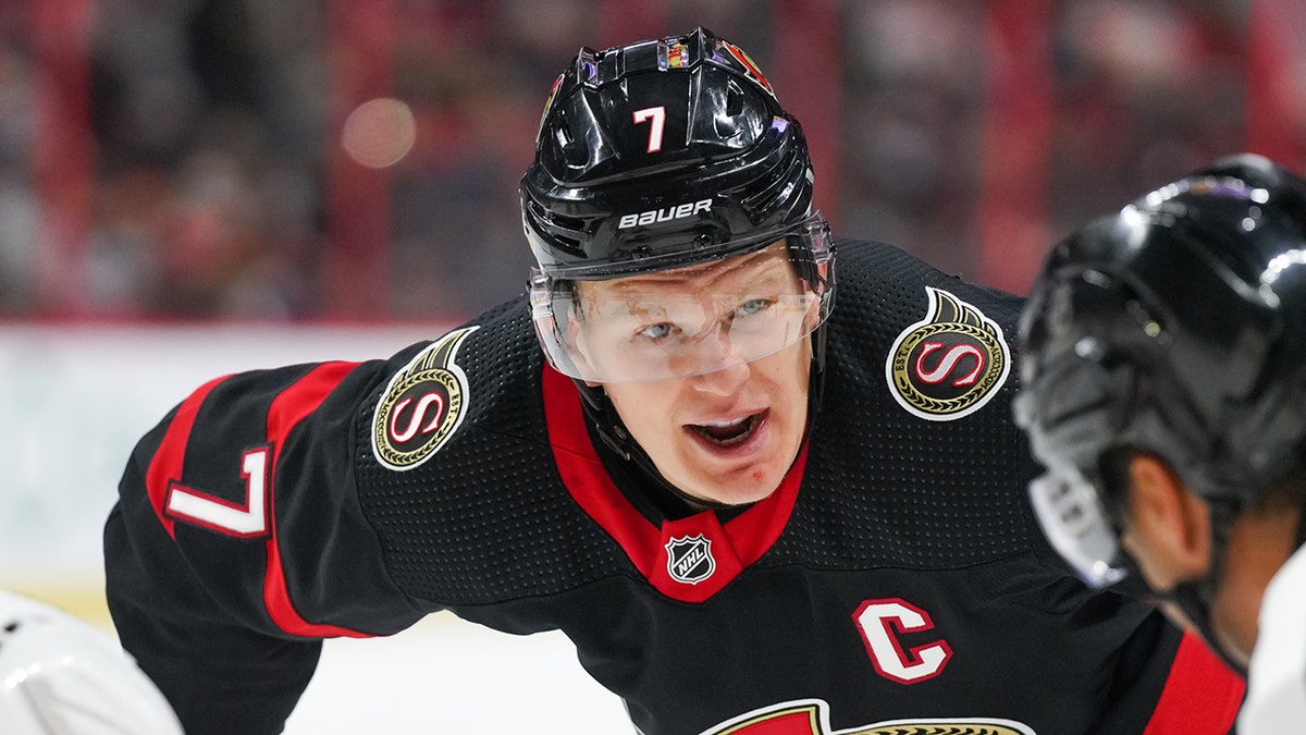 Brady Tkachuk of the Senators prepares for a face-off against the Calgary Flames on Nov. 14, 2021, in Ottawa.
