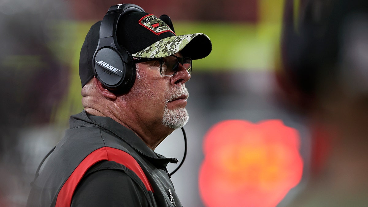 Tampa Bay Buccaneers head coach Bruce Arians looks on during the second half of an NFL football game against the New York Giants on Monday, Nov. 22, 2021, in Tampa, Fla.