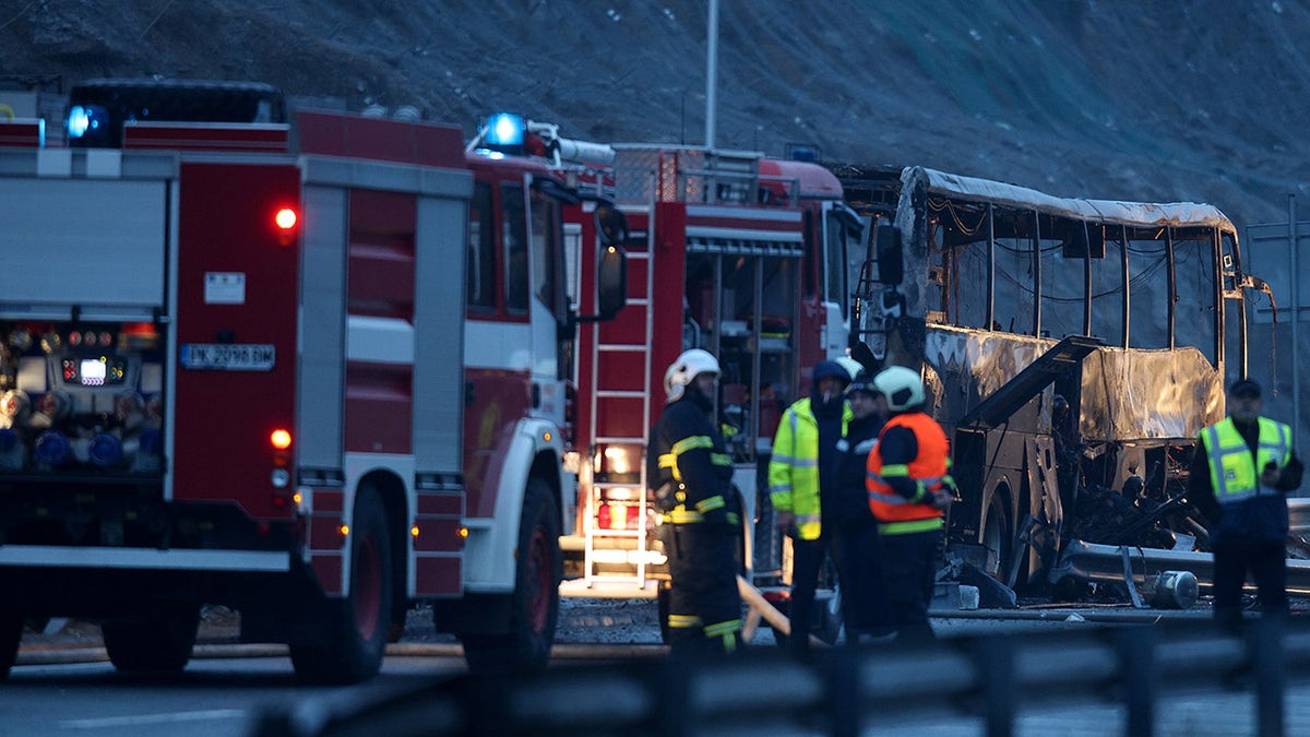 A view shows the site where a bus with North Macedonian plates caught fire on a highway, near the village of Bosnek, Bulgaria, November 23, 2021. REUTERS/Stoyan Nenov