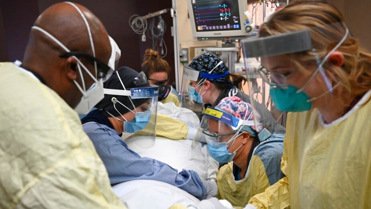 Critical care nurses and respiratory therapists flip a COVID-19 patient upright in North Memorial's South Six and South Seven Intensive Care Units on Monday, Dec. 7, 2020 at North Memorial Health Hospital in Robbinsdale, Minn. Hospitals in Michigan and Minnesota on Tuesday, Nov. 16, 2021, reported a wave of COVID-19 patients not seen in months as beds were filled with unvaccinated people and health care leaders warned that staff were being worn down by yet another surge.