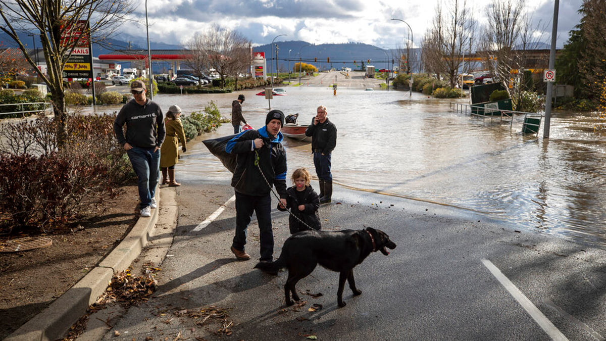 A man, toddler and dog who were rescued by a volunteer in a boat after being stranded by high water due to flooding walk on high ground, in Abbotsford, British Columbia, on Tuesday, Nov. 16, 2021.