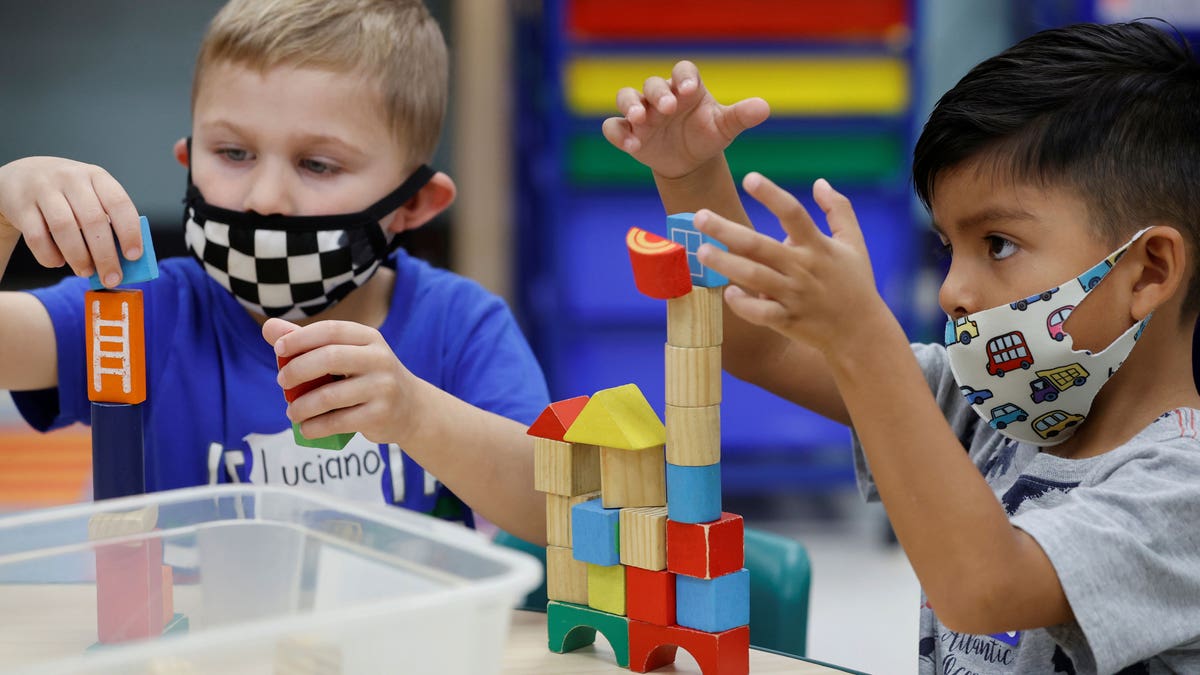 Children wearing masks in school