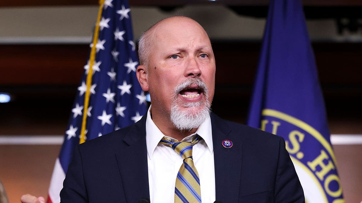 Rep. Chip Roy speaking at a news conference.