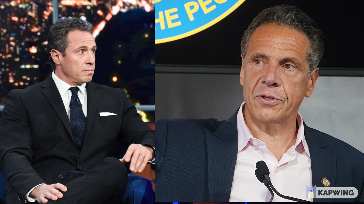 LEFT: NEW YORK - JANUARY 23: The Late Show with Stephen Colbert and guest Chris Cuomo during Thursday's January 23, 2020 show. (Photo by Scott Kowalchyk/CBS via Getty Images) RIGHT: NEW YORK, NEW YORK - JUNE 09: New York Gov. Andrew Cuomo speaks during the opening ceremony for the Tribeca Film Festival on June 9, 2021 in New York City. (Photo by Carlo Allegri-Pool/Getty Images) 