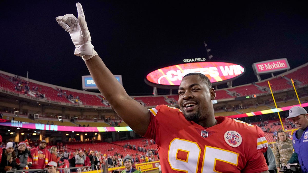 Kansas City Chiefs defensive tackle Chris Jones celebrates a 19-9 victory over the Dallas Cowboys in an NFL football game Sunday, Nov. 21, 2021, in Kansas City, Missouri.