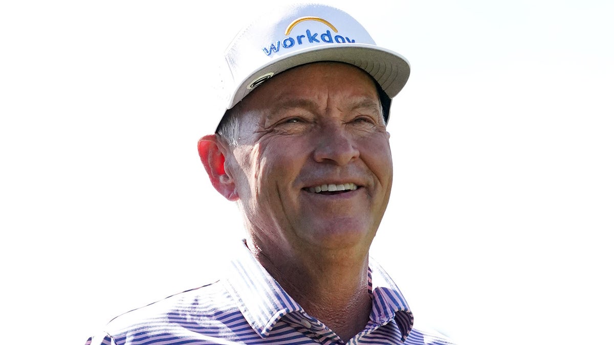Davis Love III smiles while on the first hole prior to the PGA TOUR Champions SAS Championship at Prestonwood Country Club on Oct. 14, 2021 in Cary, North Carolina.
