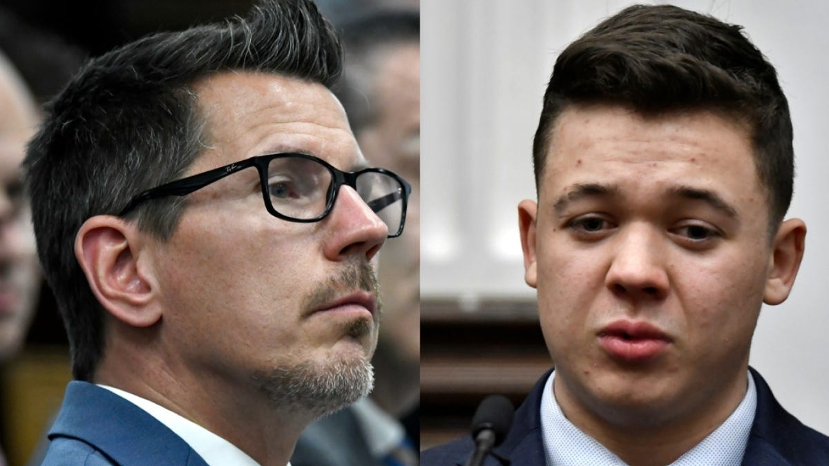 Kyle Rittenhouse and prosecutor Thomas Binger during trial in Kenosha, Wisconsin