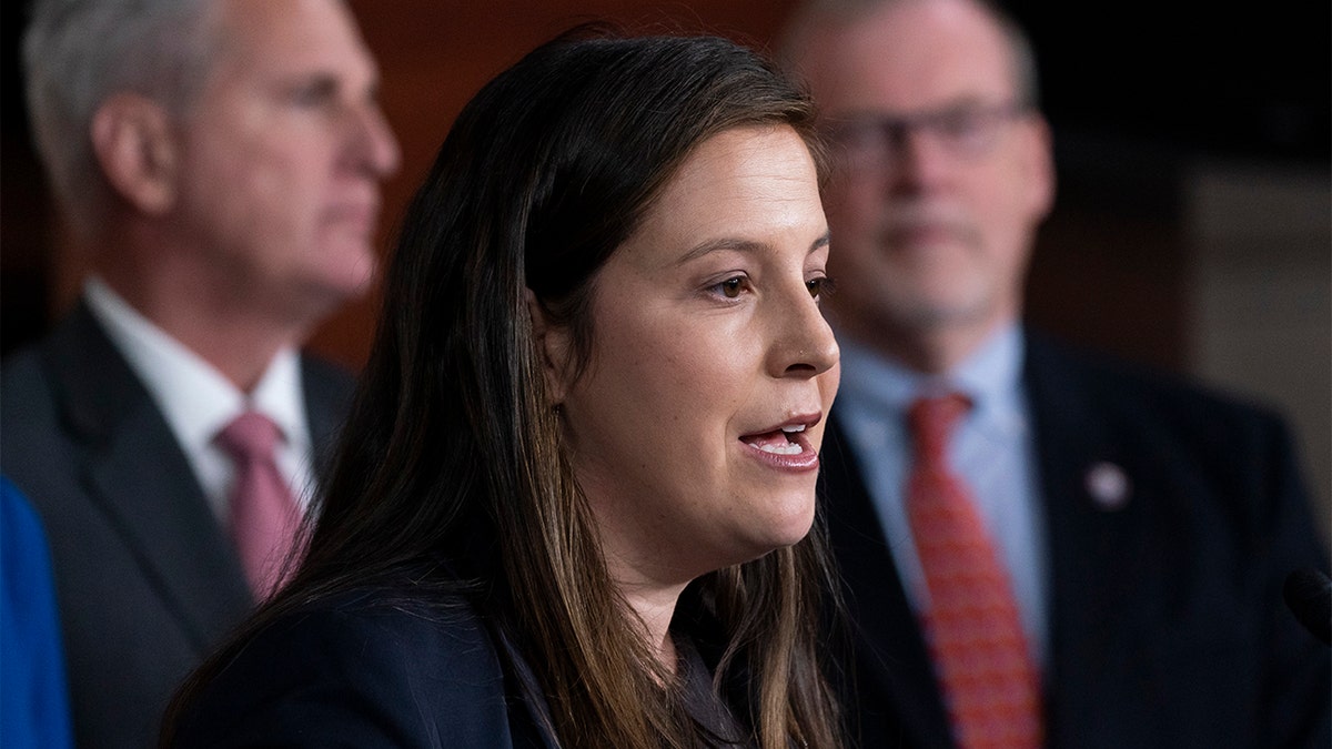 Republican conference chair Rep. Elise Stefanik, R-N.Y., speaks with reporters during a news conference on Capitol Hill, Wednesday, Nov. 3, 2021, in Washington. (AP Photo/Alex Brandon)