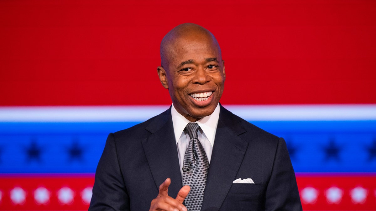 <strong>Eric Adams, Brooklyn borough president and Democratic candidate for New York City mayor speaks during a debate with Republican candidate for New York City mayor Curtis Sliwa at the ABC 7 studios in New York, Tuesday, Oct. 26, 2021. (Eduardo Munoz/Pool Photo via AP)</strong>