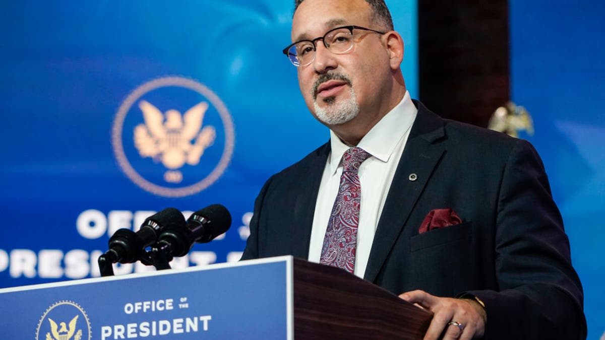 Miguel Cardona speaks after President-elect Joe Biden announced his nomination for Education Secretary at the Queen theater on Dec. 23, 2020, in Wilmington, Delaware. 