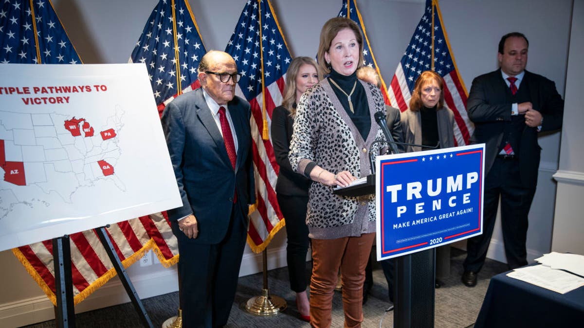 Attorney Sidney Powell speaks during a news conference with Rudy Giuliani, lawyer for U.S. President Donald Trump, about lawsuits contesting the results of the presidential election at the Republican National Committee headquarters in Washington, D.C., on Thursday Nov. 19, 2020. (Photo by Sarah Silbiger for The Washington Post via Getty Images)