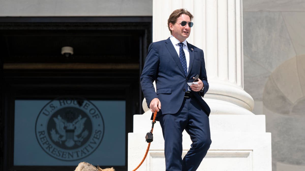 Rep. Dean Phillips, D-Minn., and his dog Henry walk down the steps of the Capitol after the last vote of the week on Friday, June 25, 2021. (Photo by Bill Clark/CQ-Roll Call, Inc via Getty Images)
