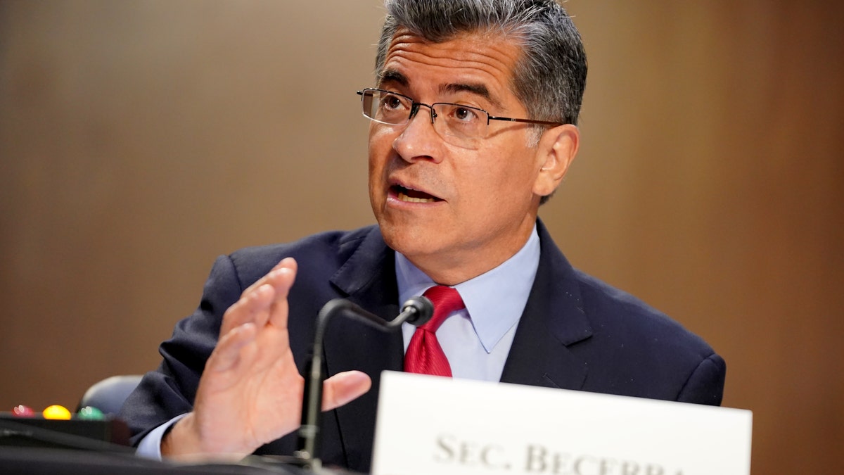 Secretary of Health and Human Services Xavier Becerra answers questions at a Senate Health, Education, Labor, and Pensions Committee hearing to discuss reopening schools during COVID-19 at Capitol Hill on Sep. 30, 2021, in Washington, D.C. (