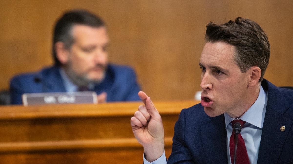 Sen. Josh Hawley asks a follow-up question to U.S. Attorney General Merrick Garland as he testifies before a Senate Judiciary Committee hearing on Oct. 27, 2021 in Washington, D.C. 