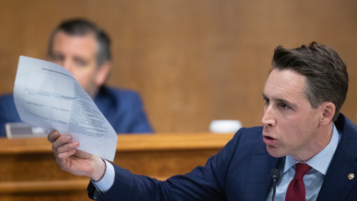 Sen. Josh Hawley asks a follow-up question to U.S. Attorney General Merrick Garland as he testifies before a Senate Judiciary Committee hearing on Oct. 27, 2021 in Washington, D.C.  