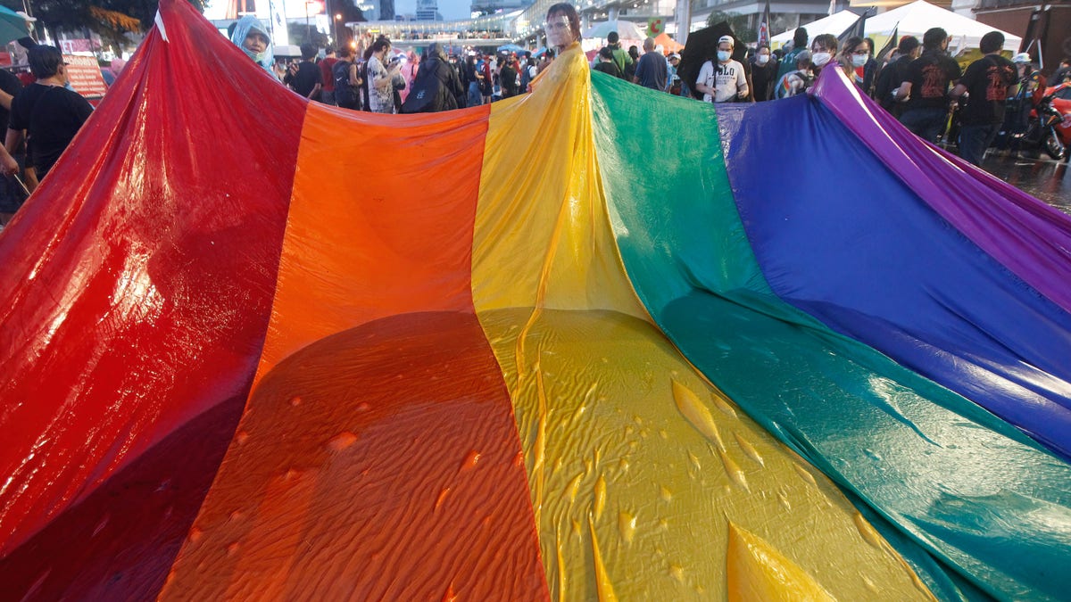 LGBT pro-democracy protesters carry a rainbow flag during a demonstration.