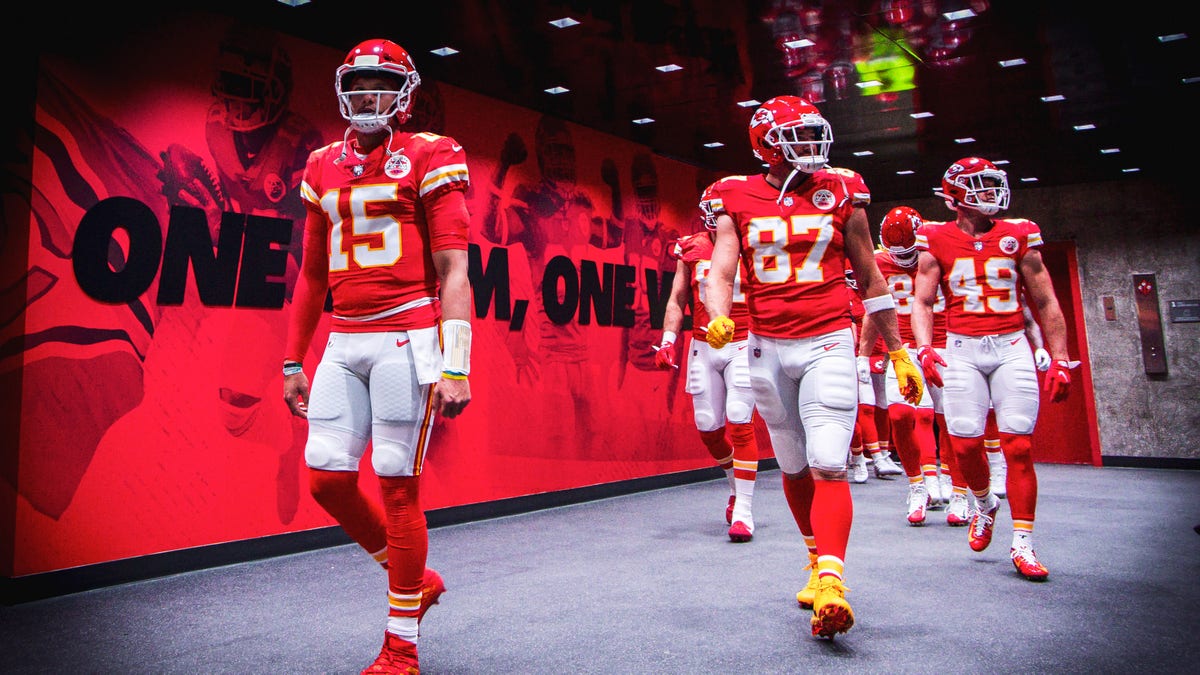 Patrick Mahomes leads the Chiefs out of the locker room to play the New York Giants on Nov. 1, 2021, in Kansas City, Missouri.