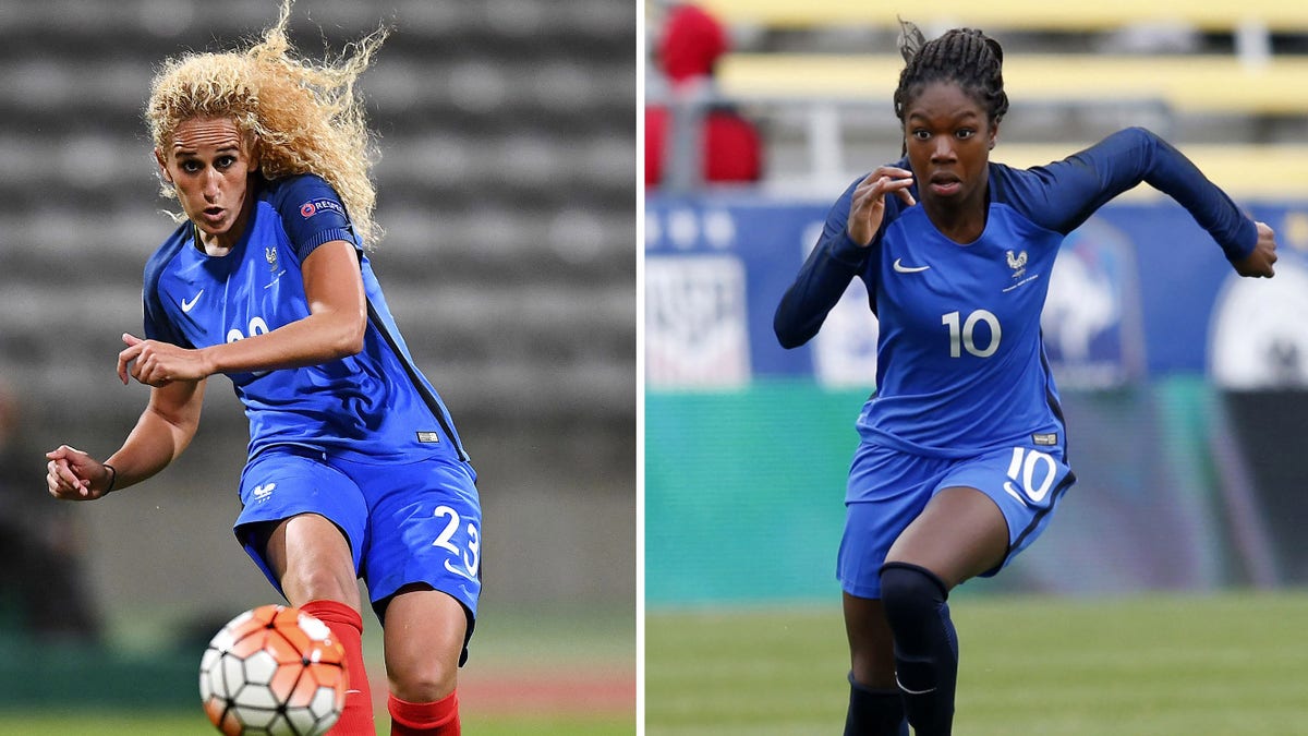 This combination of file photographs created on November 10, 2021, shows (L) France's midfielder Kheira Hamraoui as she kicks the ball during the women's Euro 2017 qualifying football match between France and Albania at The Charlety Stadium in Paris on September 20, 2016 and (R) France's midfielder Aminata Diallo as she runs with the ball during a 'SheBelieves Cup' football match between France and England at The Mapfre Stadium in Columbus, Ohio on March 1, 2018.