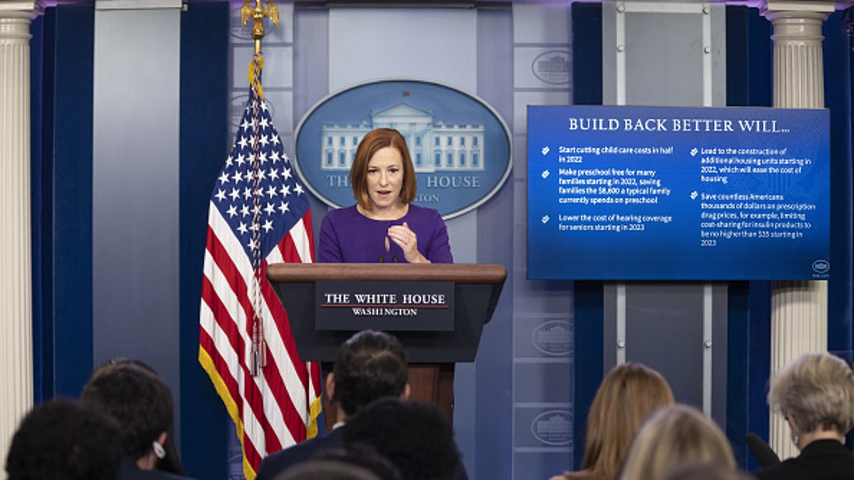 Jen Psaki, White House press secretary, speaks during a news conference in the James S. Brady Press Briefing Room at the White House in Washington, D.C., U.S., on Friday, Nov. 12, 2021.