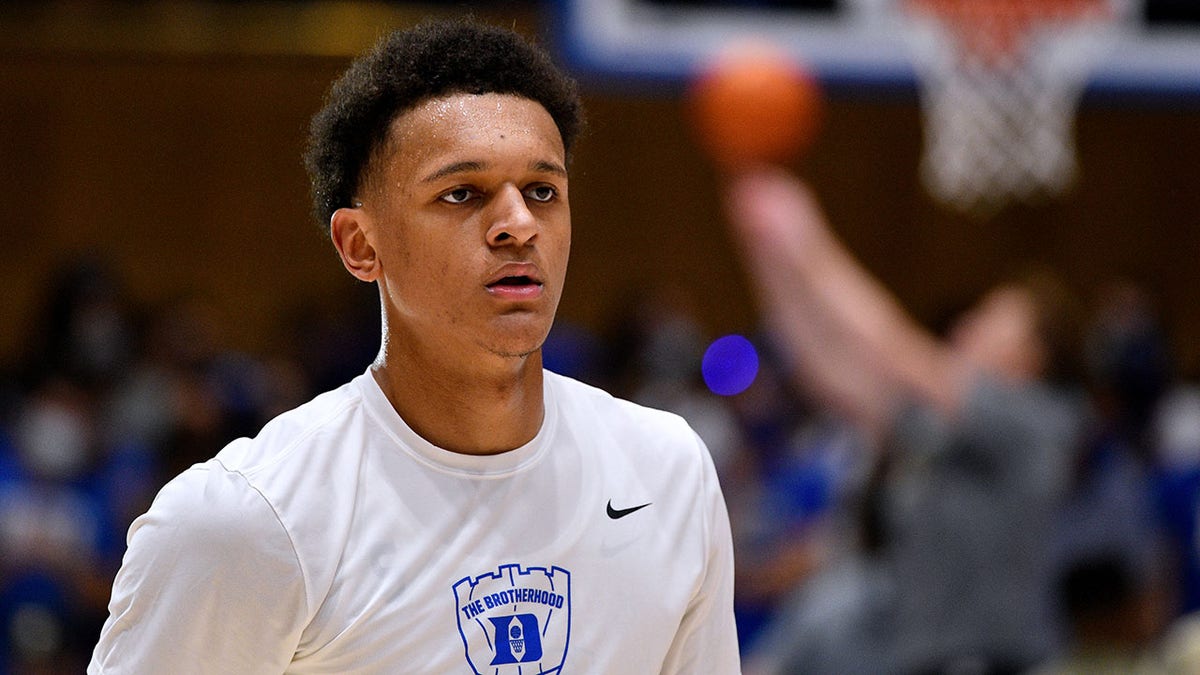 Paolo Banchero #5 of the Duke Blue Devils warms up prior to their game against the Army Black Knights at Cameron Indoor Stadium on November 12, 2021 in Durham, North Carolina.