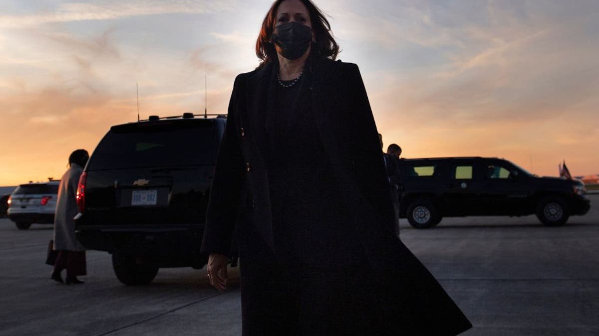 Vice President Kamala Harris speaks to the press before boarding Air Force Two at Columbus International Airport Nov. 19, 2021, in Columbus, Ohio. 