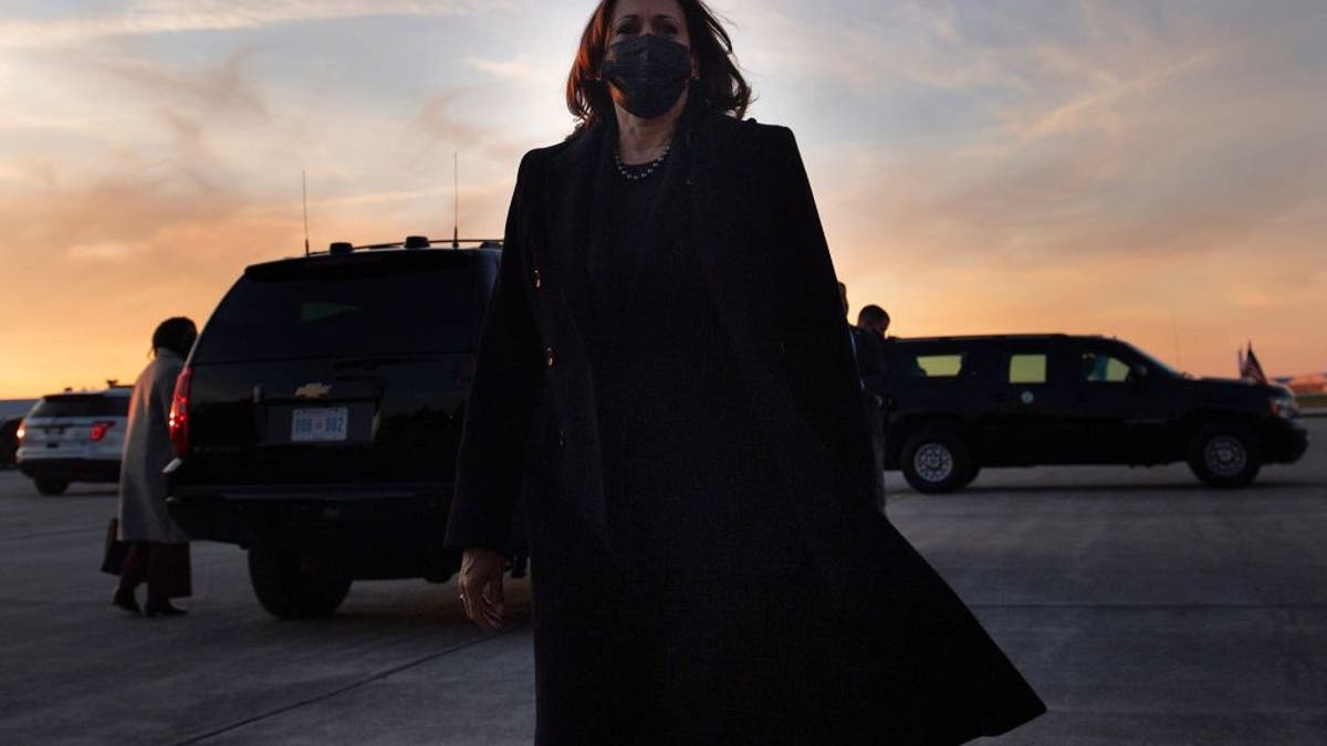 Vice President Kamala Harris speaks to the press before boarding Air Force Two at Columbus International Airport Nov. 19, 2021, in Columbus, Ohio. 