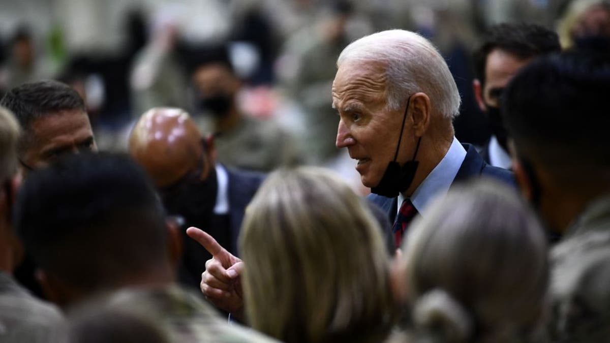 President Biden greets soldiers at Fort Bragg to mark the upcoming Thanksgiving holiday on Nov. 22, 2021, in Fort Bragg, North Carolina.